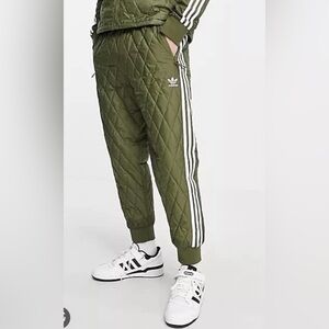 Adidas Quilted Pants in Dark Green with White Stripes